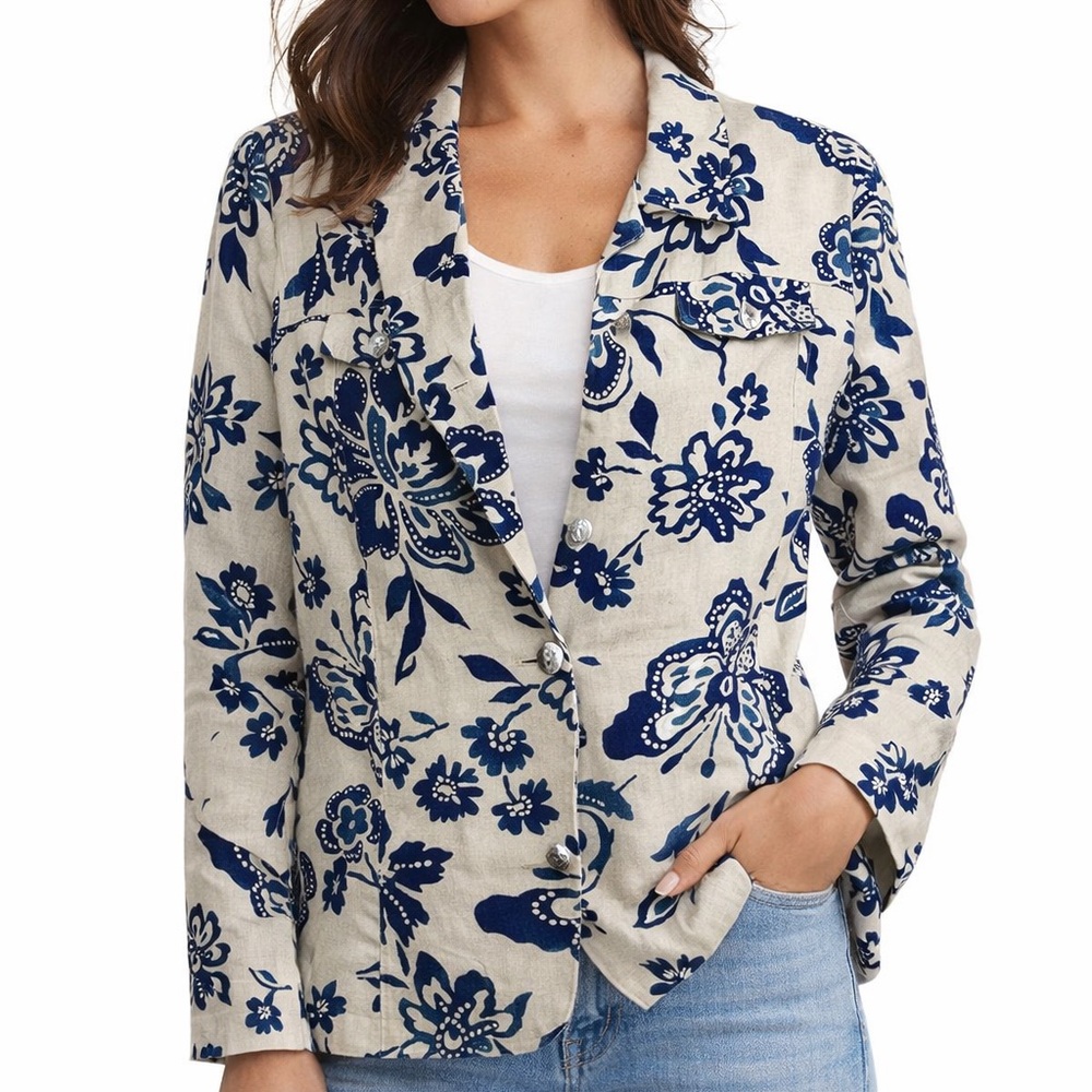 Alfred Dunner floral Linen blend Notched Collar Button Down jacket